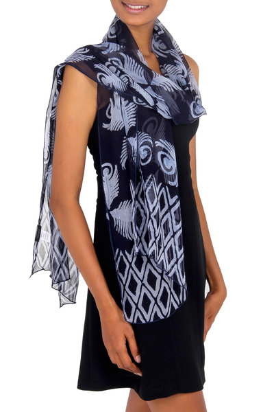 Silk batik shawl, 'Indigo Feather' - Blue Batik Patterned Shawl