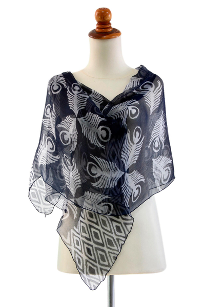 Silk batik shawl, 'Indigo Feather' - Blue Batik Patterned Shawl