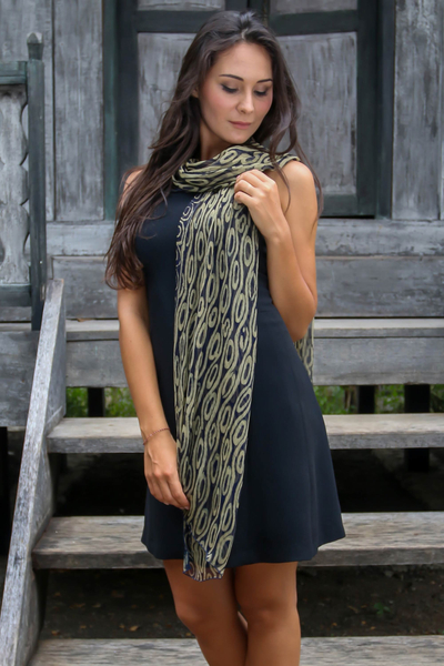 Silk batik scarf, 'Olive Mist' - Geometric Patterned Silk Scarf from Indonesia