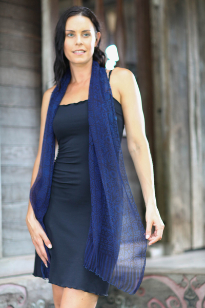 Silk batik scarf, 'Midnight Sea' - Indonesian Batik Silk Scarf Crafted by Hand