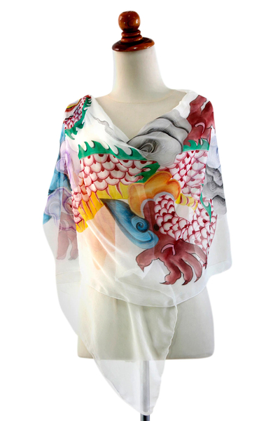 Hand painted silk shawl, 'Balinese Dragon' - Hand Crafted Indonesian Silk Painted Shawl