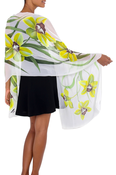 Hand painted silk shawl, 'Green Orchid' - Handpainted Silk Shawl