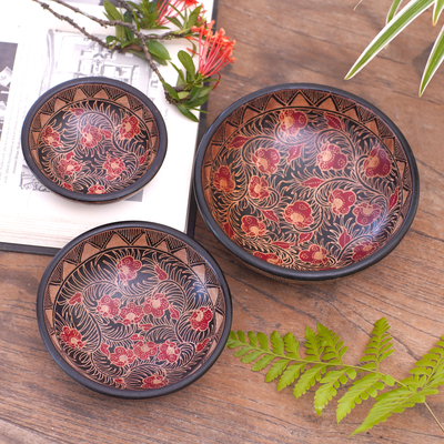 Wood batik centerpieces, 'Javanese Vines' (set of 3) - Wood batik centerpieces (Set of 3)