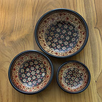 Wood batik centerpieces, 'Jasmine Bud' (set of 3)