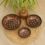 Wood batik centerpieces, 'Jasmine Bud' (set of 3) - Handmade Indonesian Batik Decorative Bowls (Set of 3)