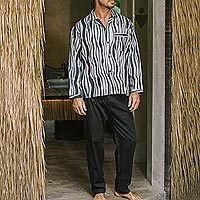 Men's cotton pajamas, 'Ocean Fog' - Men's Balinese Cotton Print Pajamas in Grey and Black