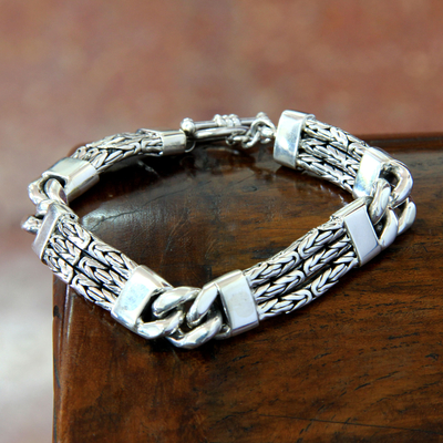 Men's sterling silver braided bracelet, 'Two Halves' - Handcrafted Men's Sterling Silver Link Bracelet