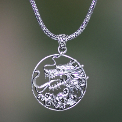 Men's sterling silver pendant necklace, 'Victorious' - Men's Sterling Silver Dragon Necklace