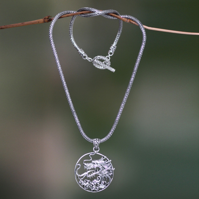 Men's sterling silver pendant necklace, 'Victorious' - Men's Sterling Silver Dragon Necklace