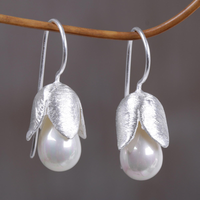 Floral Sterling Silver and Pearl Earrings - Floral Bud | NOVICA