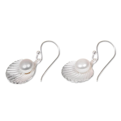 Cultured pearl dangle earrings, 'Gift from the Sea' - Sterling Silver and Pearl Seashell Earrings