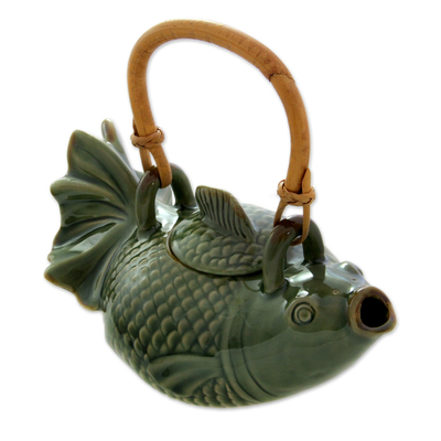 Ceramic teapot, 'Green Koi' - Hand Crafted Ceramic Fish Teapot