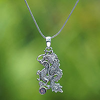 Men's garnet necklace, 'Dragon's Ball' - Sterling Silver Dragon and Garnet Men's Pendant