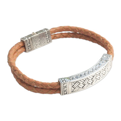 Men's sterling silver and leather bracelet, 'Jakarta Man' - Men's Sterling Silver and Leather Wristband Bracelet