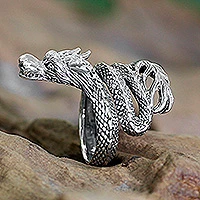 Anillo envolvente de plata de ley, 'Baby Dragon' - Anillo envolvente único de plata esterlina de Indonesia