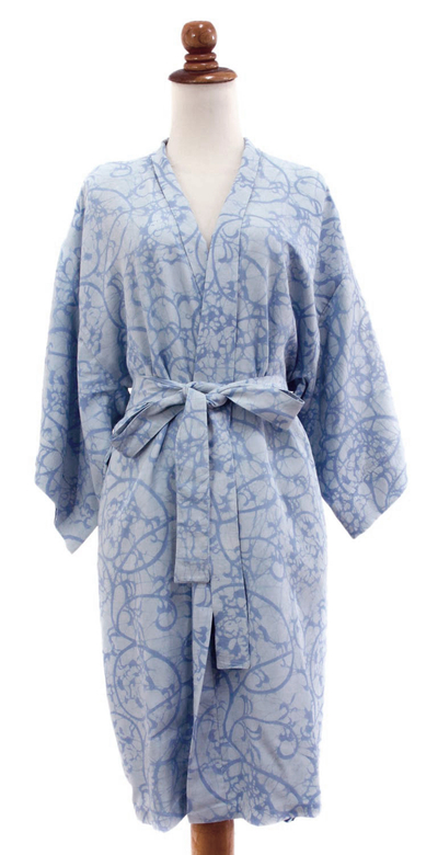 Batik robe, 'Underwater' - Women's Blue Batik Short Robe