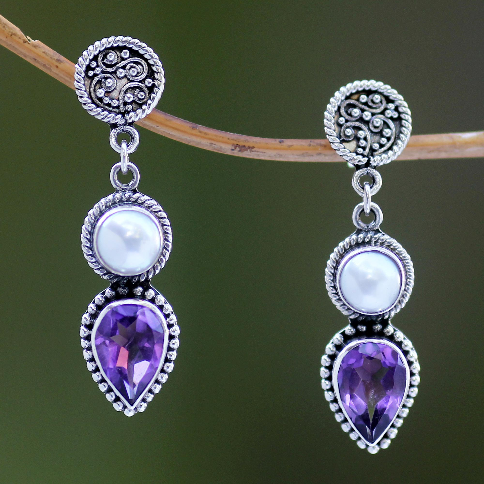 Details about  / Cultured Pearl and Amethyst Round 925 Sterling Silver Dangle Earrings