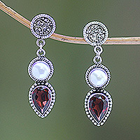 Cultured pearl and garnet dangle earrings, 'Bright Moon' - Garnet and Pearl Dangle Earrings
