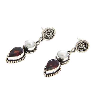 Cultured pearl and garnet dangle earrings, 'Bright Moon' - Garnet and Pearl Dangle Earrings