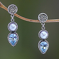 Cultured pearl and blue topaz dangle earrings, 'Bright Moon'