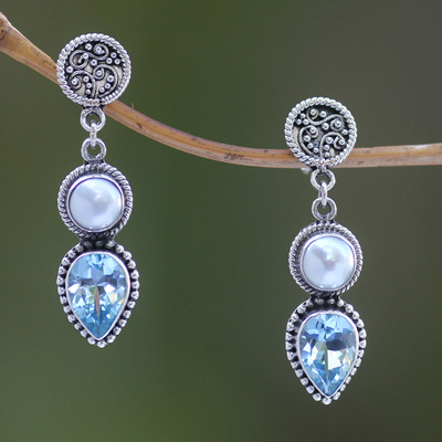 Cultured pearl and blue topaz dangle earrings, Bright Moon