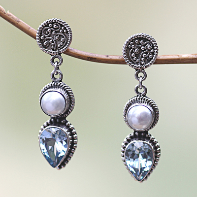 Cultured pearl and blue topaz dangle earrings, 'Bright Moon' - Sterling Silver Pearl and Blue Topaz Earrings