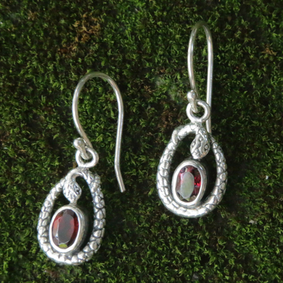 Garnet dangle earrings, 'Rainforest Goddess' - Fair Trade Sterling Silver and Garnet Snake Earrings