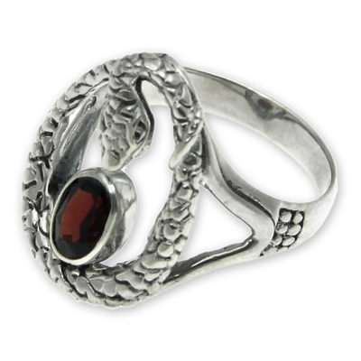 Garnet single stone ring, 'Rainforest Goddess' - Sterling Silver and Garnet Snake Ring