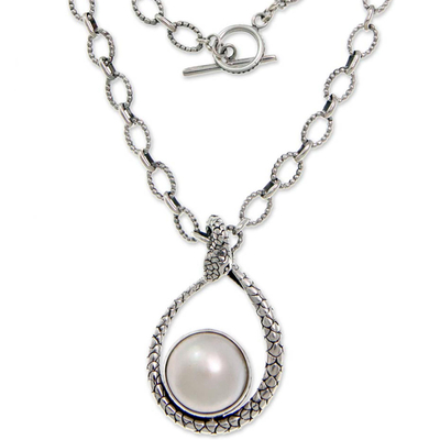 Cultured pearl pendant necklace, 'Rainforest Goddess' - Handmade Sterling Silver and Pearl Snake Necklace