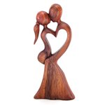 Wood sculpture, 'Love's Kiss' - Romantic Wood Sculpture from Indonesia
