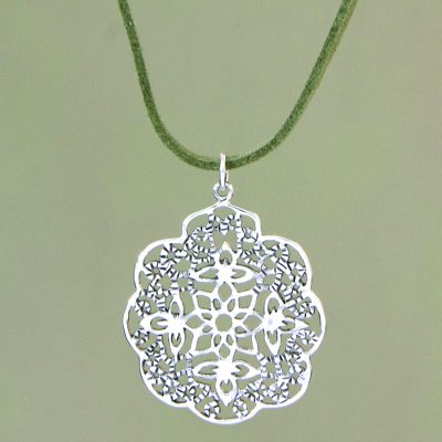 Sterling silver flower necklace, 'Water Lily on Green' - Floral Sterling Silver Pendant Necklace from Indonesia
