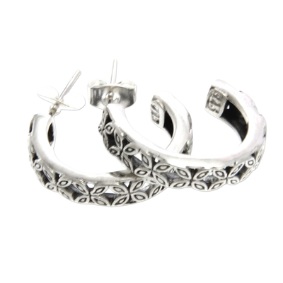 Sterling silver flower earrings, 'Kawung' - Floral Sterling Silver Half Hoop Earrings