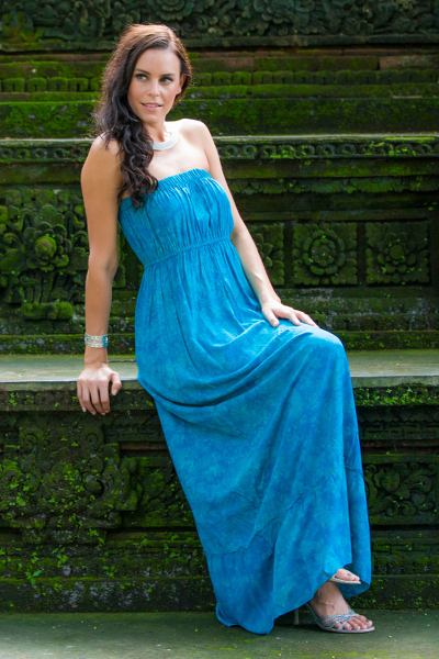 Batik strapless maxi dress, 'Indonesian Sea' - Strapless Batik Maxi Dress in Shades of Turquoise