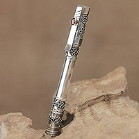 Sterling silver and garnet ballpoint pen, 'Blossom' - Sterling Silver and Garnet Ballpoint Pen