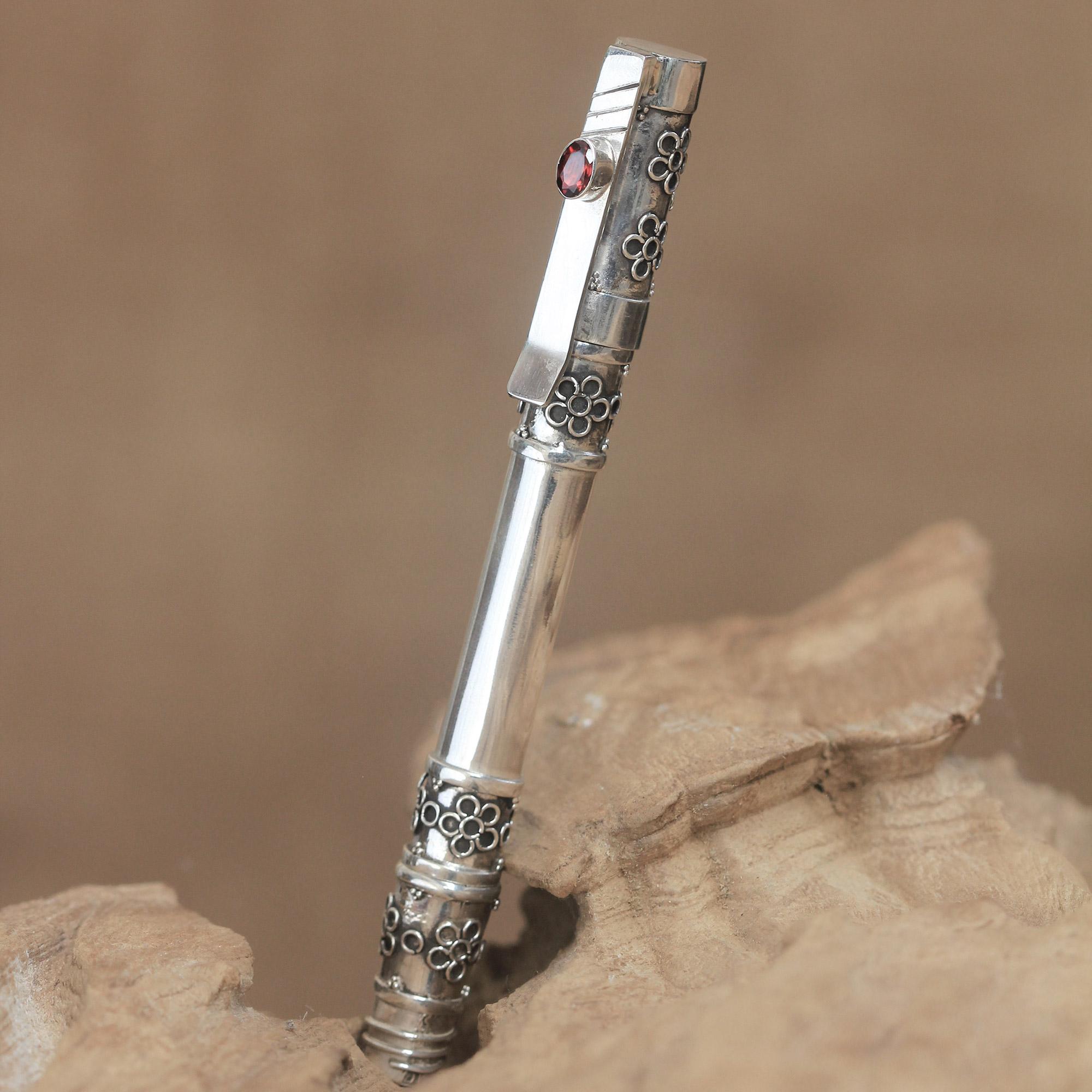 NOVICA Decorative Sterling Silver Pen, Metallic and Red, Garnet Gleam