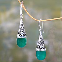 Onyx and rainbow moonstone dangle earrings, 'Bali Tradition' - Sterling Silver and Green Onyx Earrings