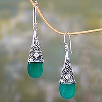 Onyx and rainbow moonstone dangle earrings, 'Bali Tradition' - Sterling Silver and Green Onyx Earrings