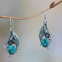 Turquoise flower earrings, 'Blue Beauty' - Turquoise and Silver Dangle Earrings 