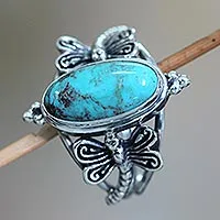 Anillo de cóctel de plata de ley, 'Dragonfly Sky' - Anillo de cóctel de magnesita y plata de ley