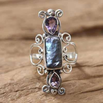 Cultured pearl and amethyst cocktail ring, Lavender Myths