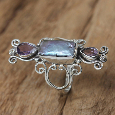 Cultured pearl and amethyst cocktail ring, 'Lavender Myths' - Pearl and Amethyst Silver Cocktail Ring
