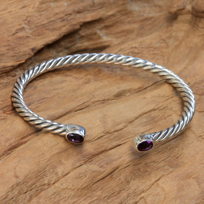 Amethyst cuff bracelet, 'Bali Swirl' - Hand Made Sterling Silver and Amethyst Cuff Bracelet