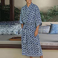 Men's batik robe, 'Navy Blue Nebula'