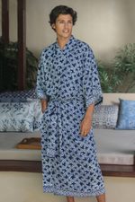 Men's batik robe, 'Navy Blue Nebula' - Men's Batik Robe from Indonesia