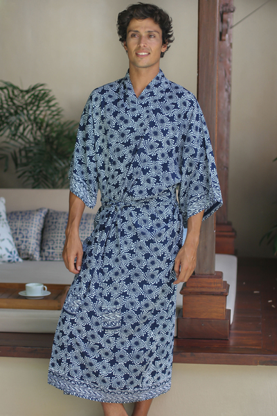 Men's batik robe, 'Navy Blue Nebula' - Men's Batik Robe from Indonesia