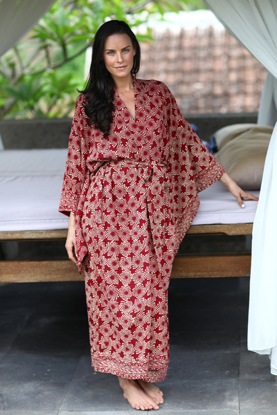 túnica batik - Túnica batik roja hecha a mano de Indonesia