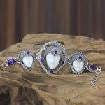 Cow bone and amethyst link bracelet, 'Noble Serenity' - Sterling Silver and Cow Bone Link Bracelet