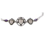 Cow bone and amethyst link bracelet, 'Noble Serenity' - Sterling Silver and Cow Bone Link Bracelet