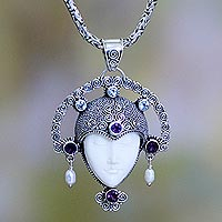 Cow bone and amethyst pendant necklace, 'Queen of Java'