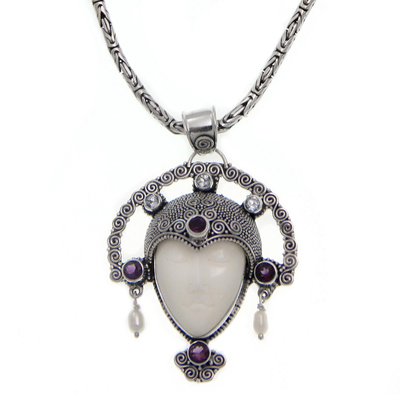 Cow bone and amethyst pendant necklace, 'Queen of Java' - Amethyst and Cow Bone Pendant Necklace